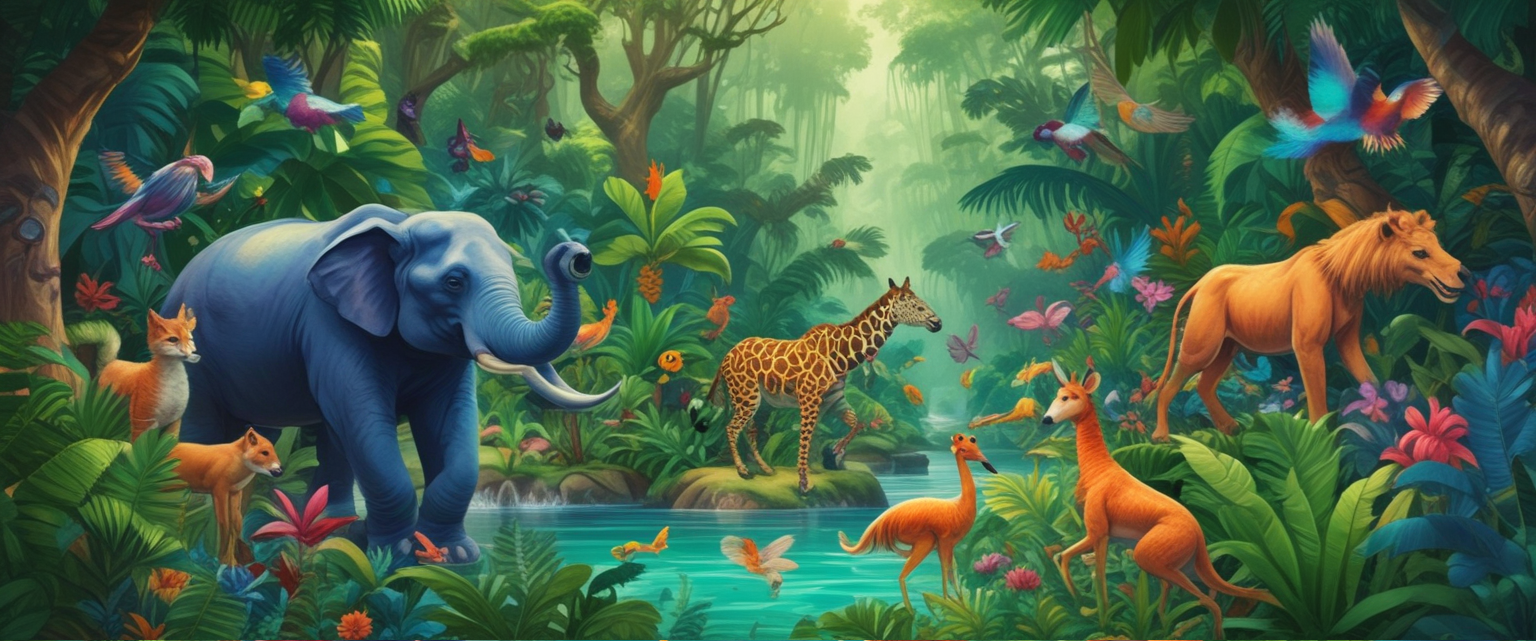 Interface du jeu Division Jungle avec des animaux et des plantes exotiques